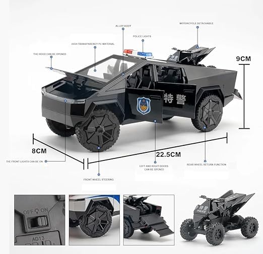 Tesla Cyber Police Truck 1:24 Diecast Metal Toy Car Scale Model with Sound Light Mini Auto Toy for Kids Metal Model Toy Car with Sound and Light 【 MULTICOLOR 】