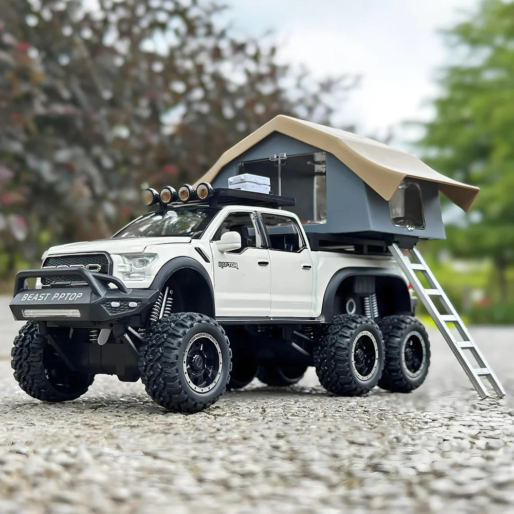 F150 PICKUP TRUCK WITH SIGHTSEEING CABIN 1:24 DIECAST METAL TOY CAR (MULTICOLOUR :- BLUE, RED WHITE)