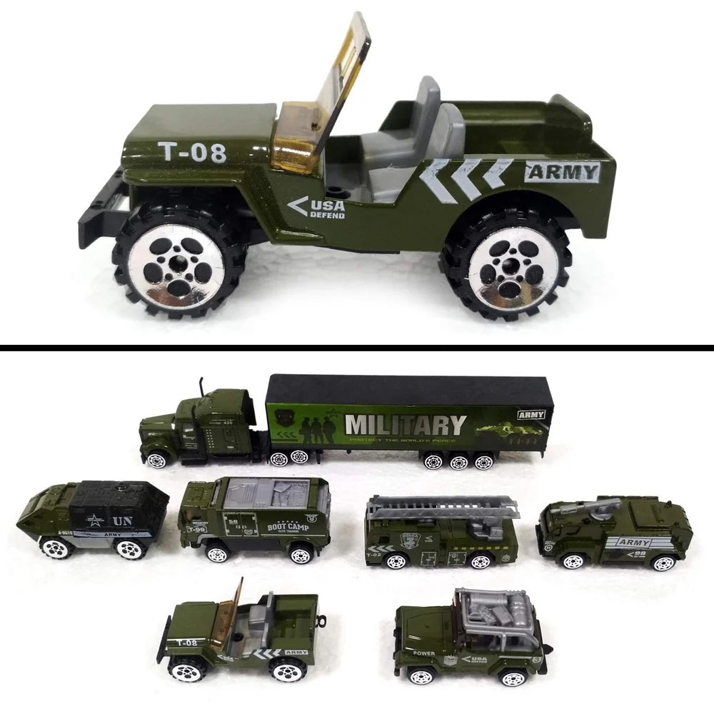 MILITARY ARMY TRUCK VEHICLE TOY SET MINI DIE-CAST ARMY BATTLE CAR, METAL MILITARY CAR - ARMY CARGO TRUCK CONTAINER, BATTALION JEEP, ARMY TANK, HELICOPTER, FIRE LADDER TRUCK - 7 PC