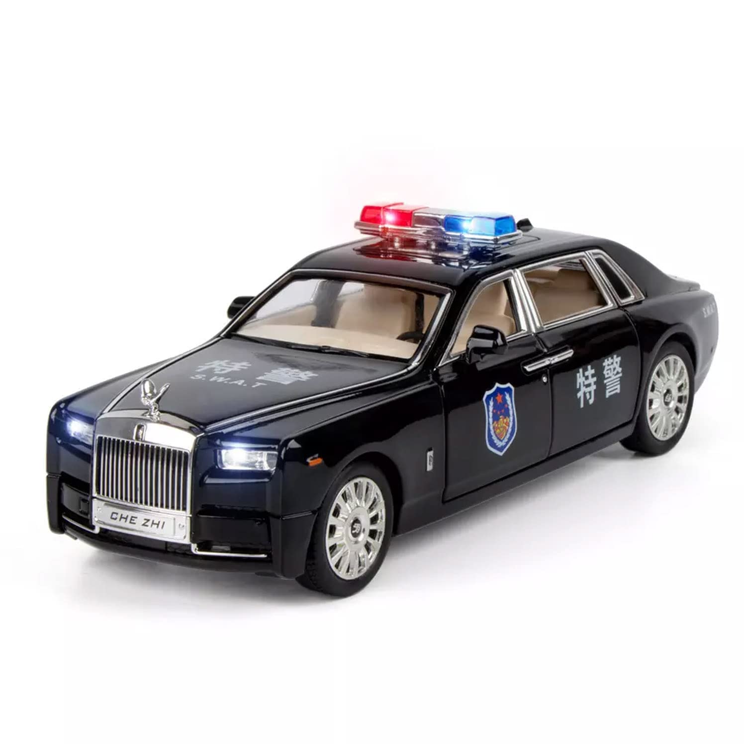 Rolls-Royce Phantom Police 1:24 Diecast Metal Toy Car Model Pull Back Alloy Toys With Light And Sound Collection (White, Black)[Size: 21Cm * 7.5Cm * 6.5Cm]