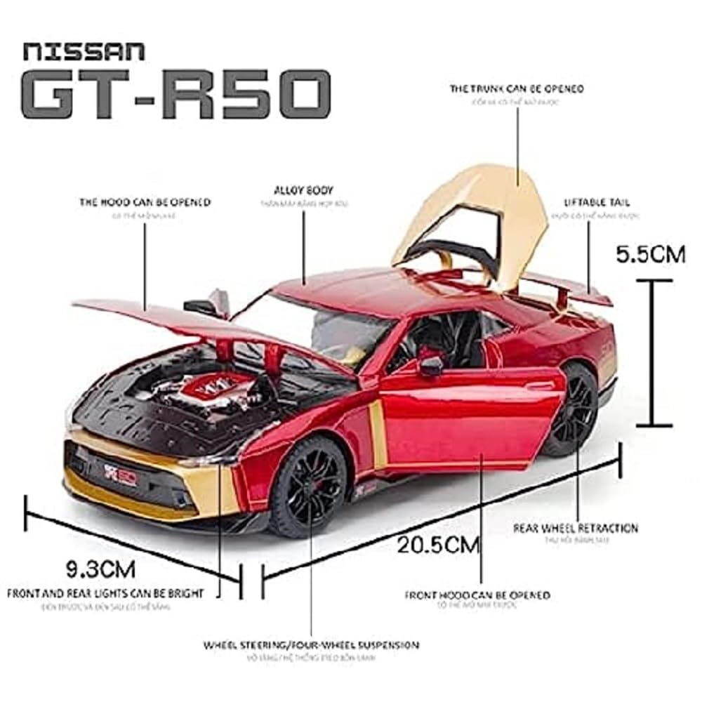 Nissan GTR-50 Sport 1:24 Diecast Metal Toy Car Openable Door and Sound Light, Gifts Toys for Kids(Multicolor, Pack Of1) [Size : ‎21.5 Cm*9 Cm*5.5Cm]