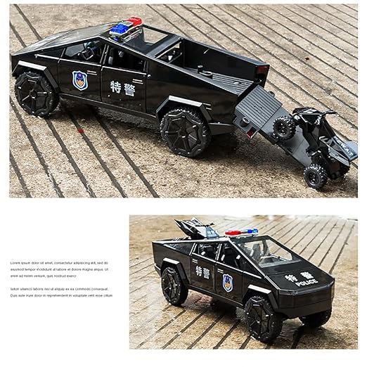 Tesla Cyber Police Truck 1:24 Diecast Metal Toy Car Scale Model with Sound Light Mini Auto Toy for Kids Metal Model Toy Car with Sound and Light 【 MULTICOLOR 】