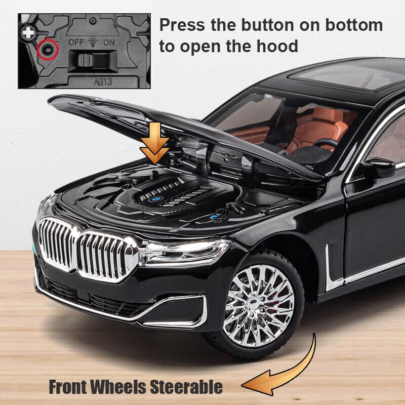 BMW 760Li 1:24 Diecast Metal Toy Car Pull Back with Openable Doors & Light, Music Toy Vehicle for Kids (Multicolour :- Black, White, Gray, Blue) [SIZE:-21 CM*9CM*8.5CM】