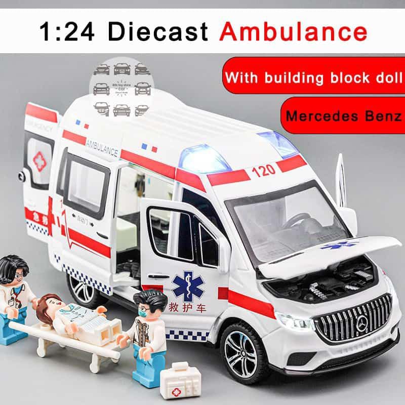 Mercedes Benz  Ambulance Van 1:24 Diecast Metal Toy Car for Kids Friction Powered Vehicle with Lights & Sound Kids Emergency Van City Service Push n Go Vehicles (Ambulance)