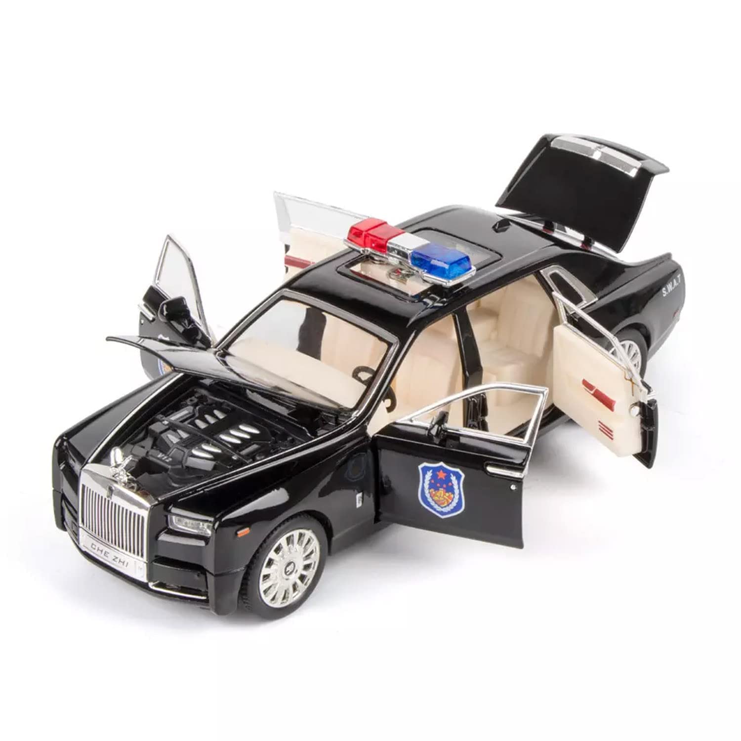 Rolls-Royce Phantom Police 1:24 Diecast Metal Toy Car Model Pull Back Alloy Toys With Light And Sound Collection (White, Black)[Size: 21Cm * 7.5Cm * 6.5Cm]