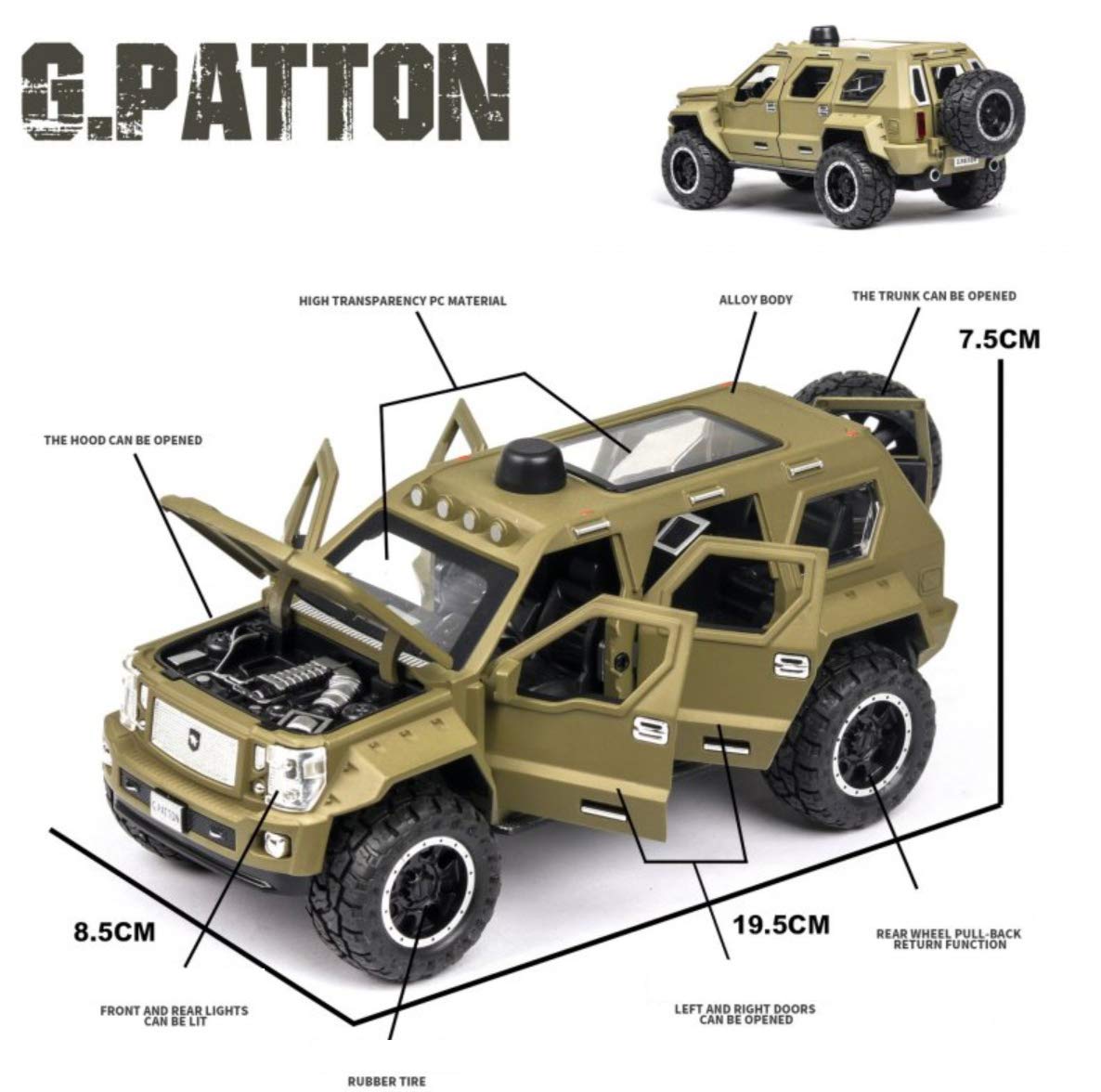 G Patton 1:24 Diecast Metal Toy Car Openable Door and Sound Light, Gifts Toys for Kids (Multicolor, Pack Of1)