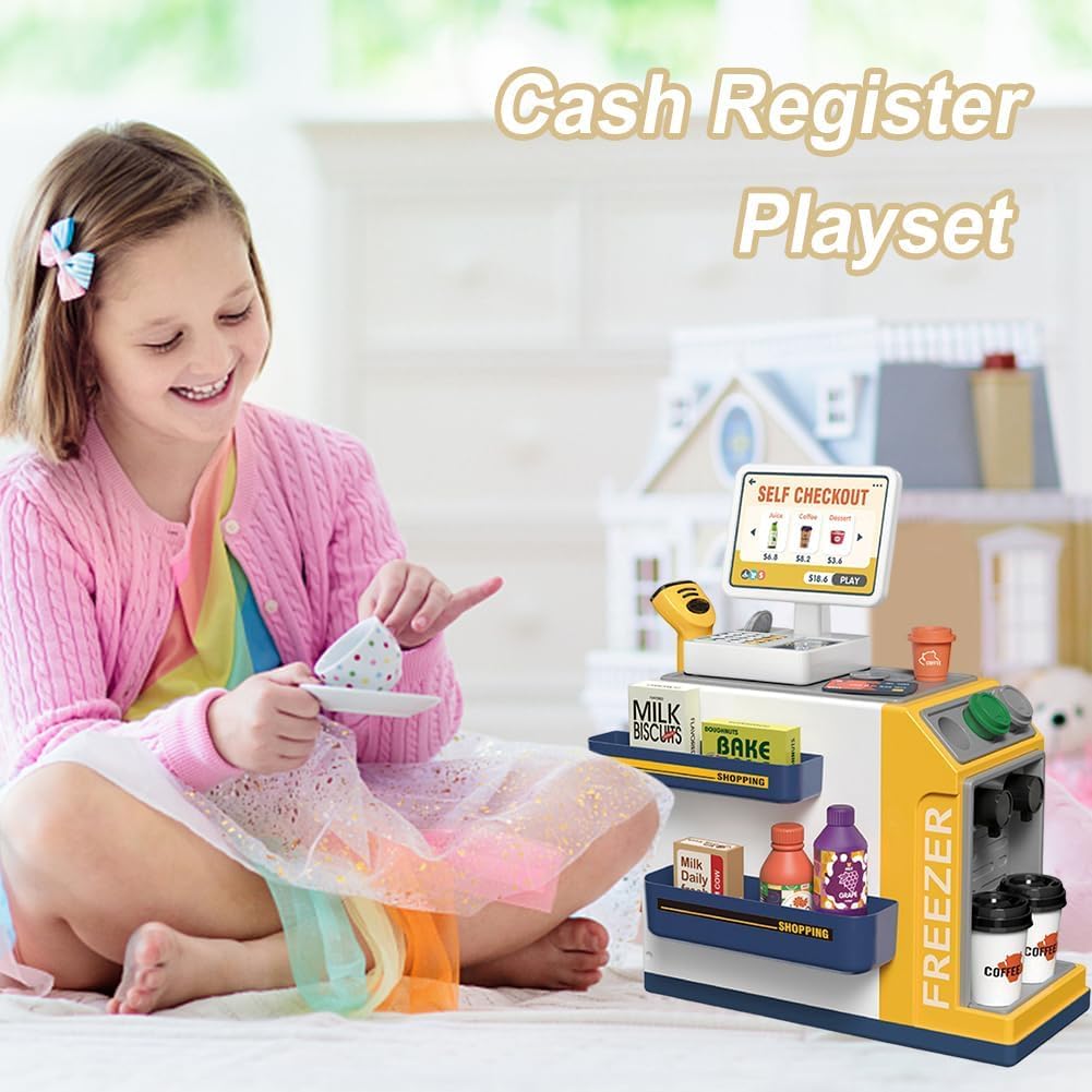 Cash Register Playset for Kids with Sound Light, Mini Supermarket Cashier, Pretend Play Store Money, Calculator, Scanner, Credit Card and Play Foods, Gift for Boys and Girls Ages 3+