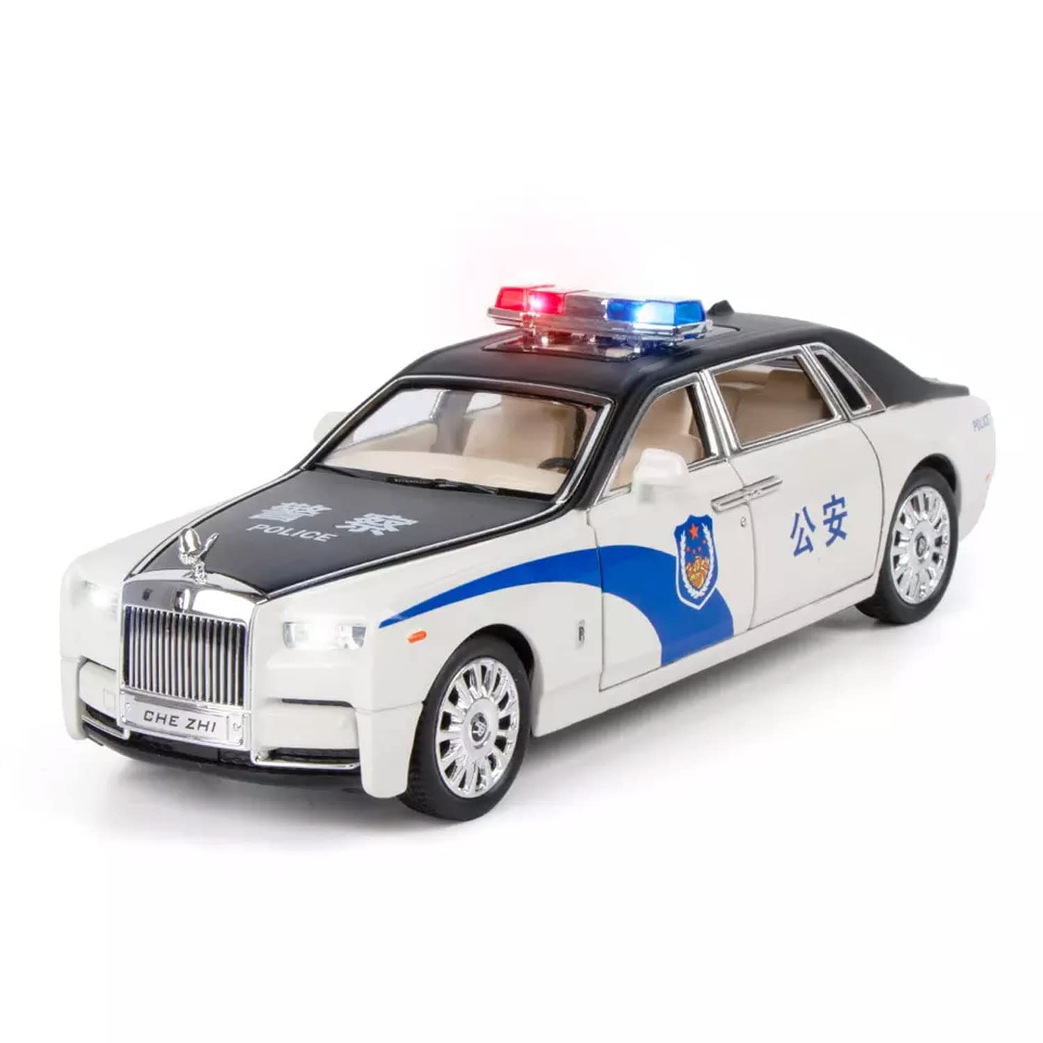 Rolls-Royce Phantom Police 1:24 Diecast Metal Toy Car Model Pull Back Alloy Toys With Light And Sound Collection (White, Black)[Size: 21Cm * 7.5Cm * 6.5Cm]