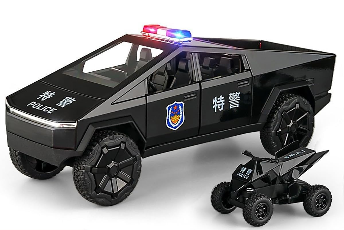 Tesla Cyber Police Truck 1:24 Diecast Metal Toy Car Scale Model with Sound Light Mini Auto Toy for Kids Metal Model Toy Car with Sound and Light 【 MULTICOLOR 】