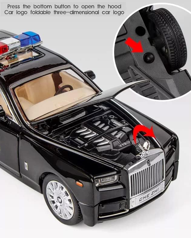 Rolls-Royce Phantom Police 1:24 Diecast Metal Toy Car Model Pull Back Alloy Toys With Light And Sound Collection (White, Black)[Size: 21Cm * 7.5Cm * 6.5Cm]