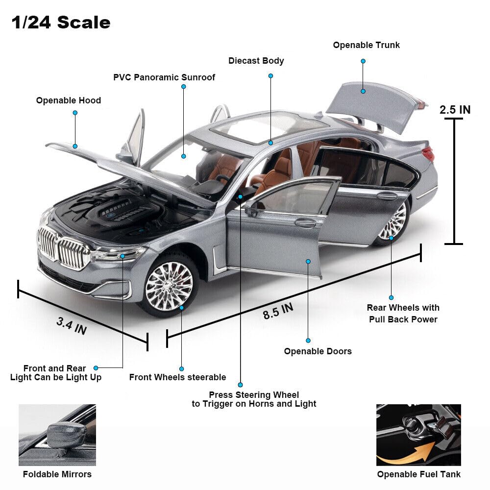 BMW 760Li 1:24 Diecast Metal Toy Car Pull Back with Openable Doors & Light, Music Toy Vehicle for Kids (Multicolour :- Black, White, Gray, Blue) [SIZE:-21 CM*9CM*8.5CM】