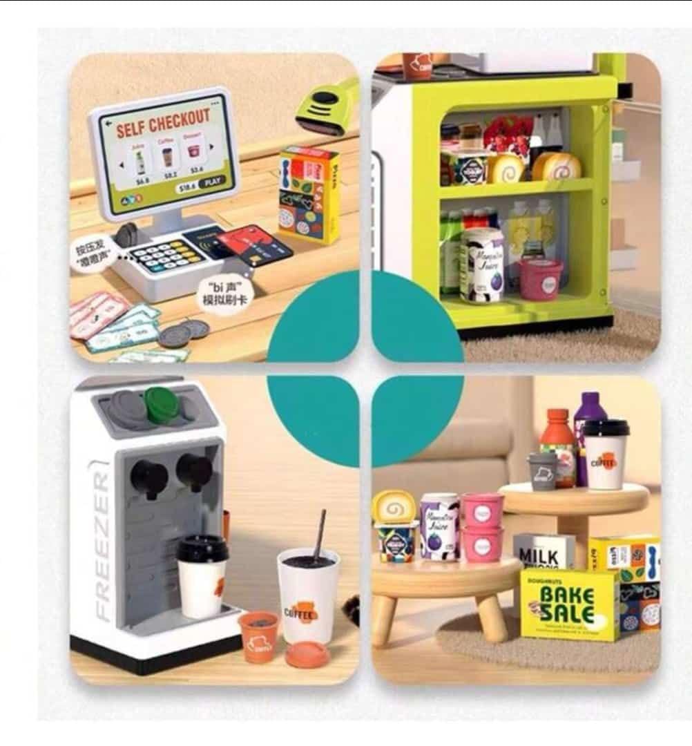 Cash Register Playset for Kids with Sound Light, Mini Supermarket Cashier, Pretend Play Store Money, Calculator, Scanner, Credit Card and Play Foods, Gift for Boys and Girls Ages 3+