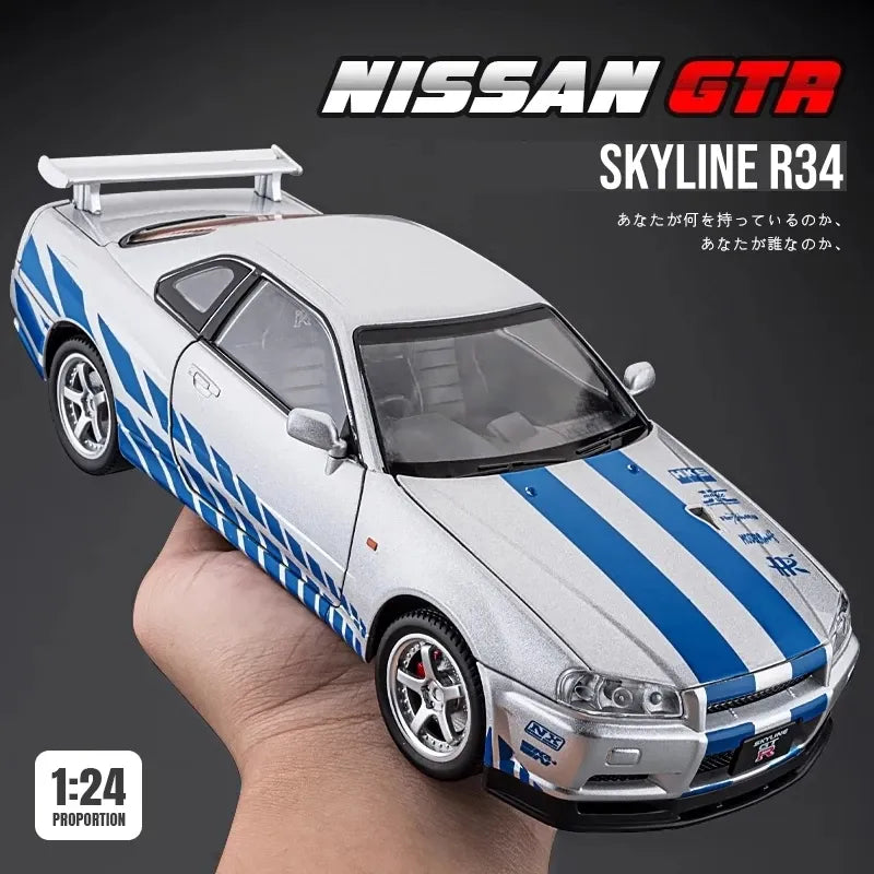 SKYLINE NISSAN GTR R34 1:24 DIECAST METAL TOY CAR (MULTICOLOUR:- WHITE, SILVER, BLUE, PURPLE )