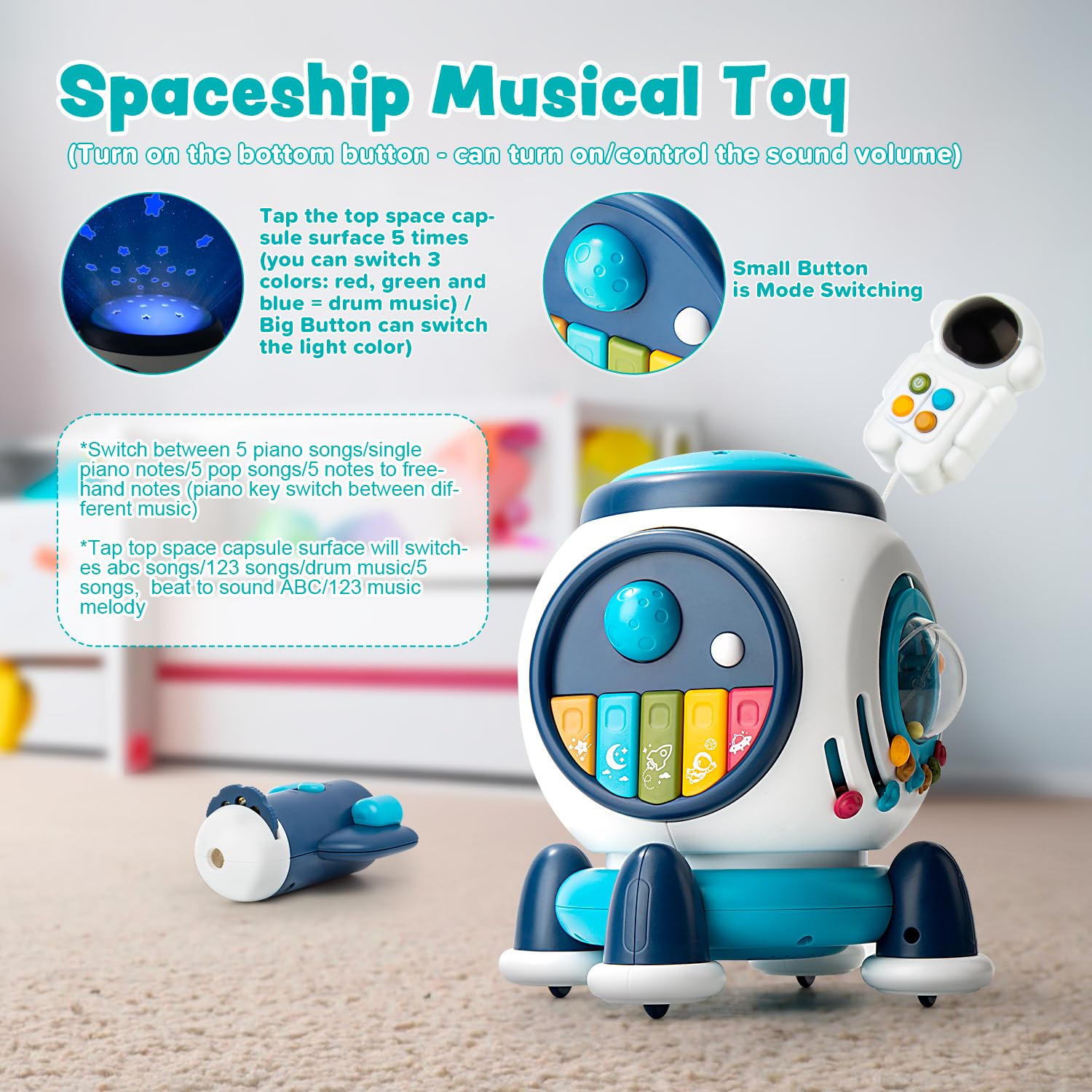 Nueplay Space Rocket Baby Musical Toy Activity Center Multifunction 6 in 1 Educational Learning Toy with Hand Drum Piano Light Projector for 1 2 3 Years Old Boy Girl Kids Gift