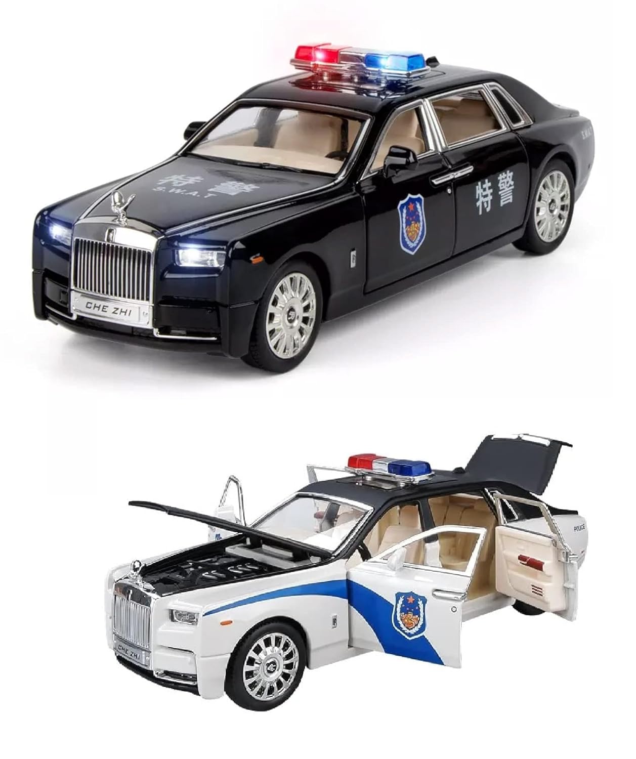 Rolls-Royce Phantom Police 1:24 Diecast Metal Toy Car Model Pull Back Alloy Toys With Light And Sound Collection (White, Black)[Size: 21Cm * 7.5Cm * 6.5Cm]