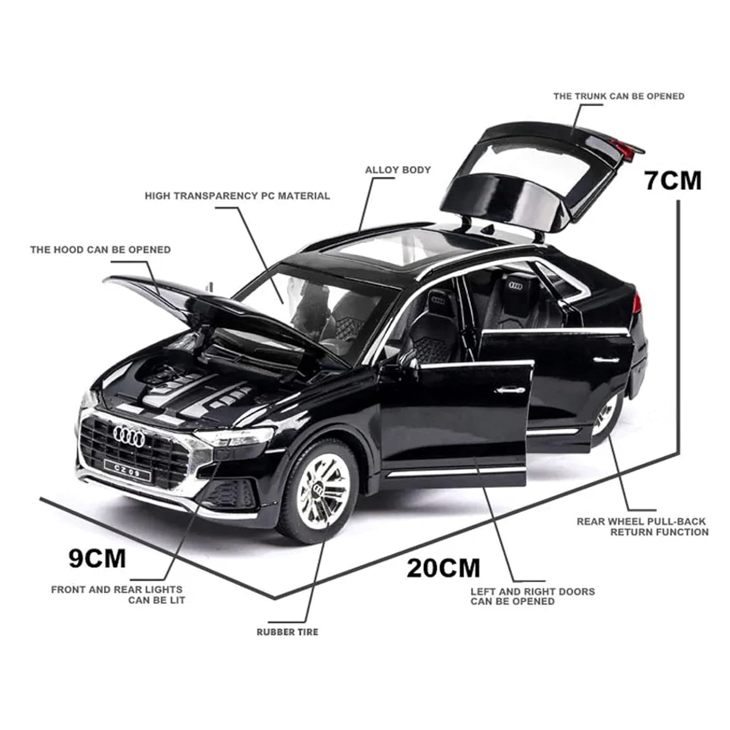 Audi Q8 1:24 Diecast Metal Toy Car Openable Doors Light Sound Multicolour (Pack Of 1)