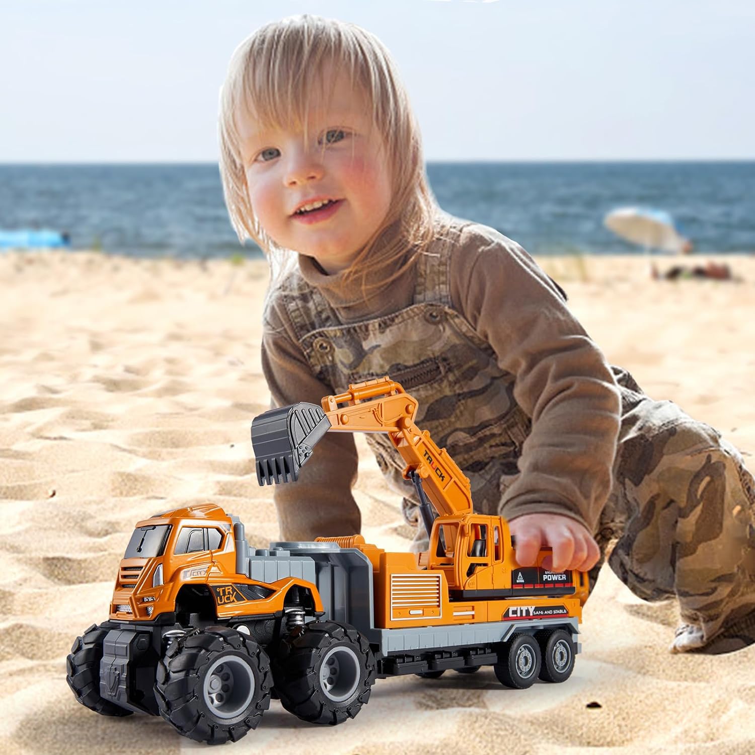 Excavator Toy Metal Head Bulldozer Long Crane Truck Friction Powered Engineering Vehicle Model Construction Toy for 2 3 4 5 Years Old Boy and Girl