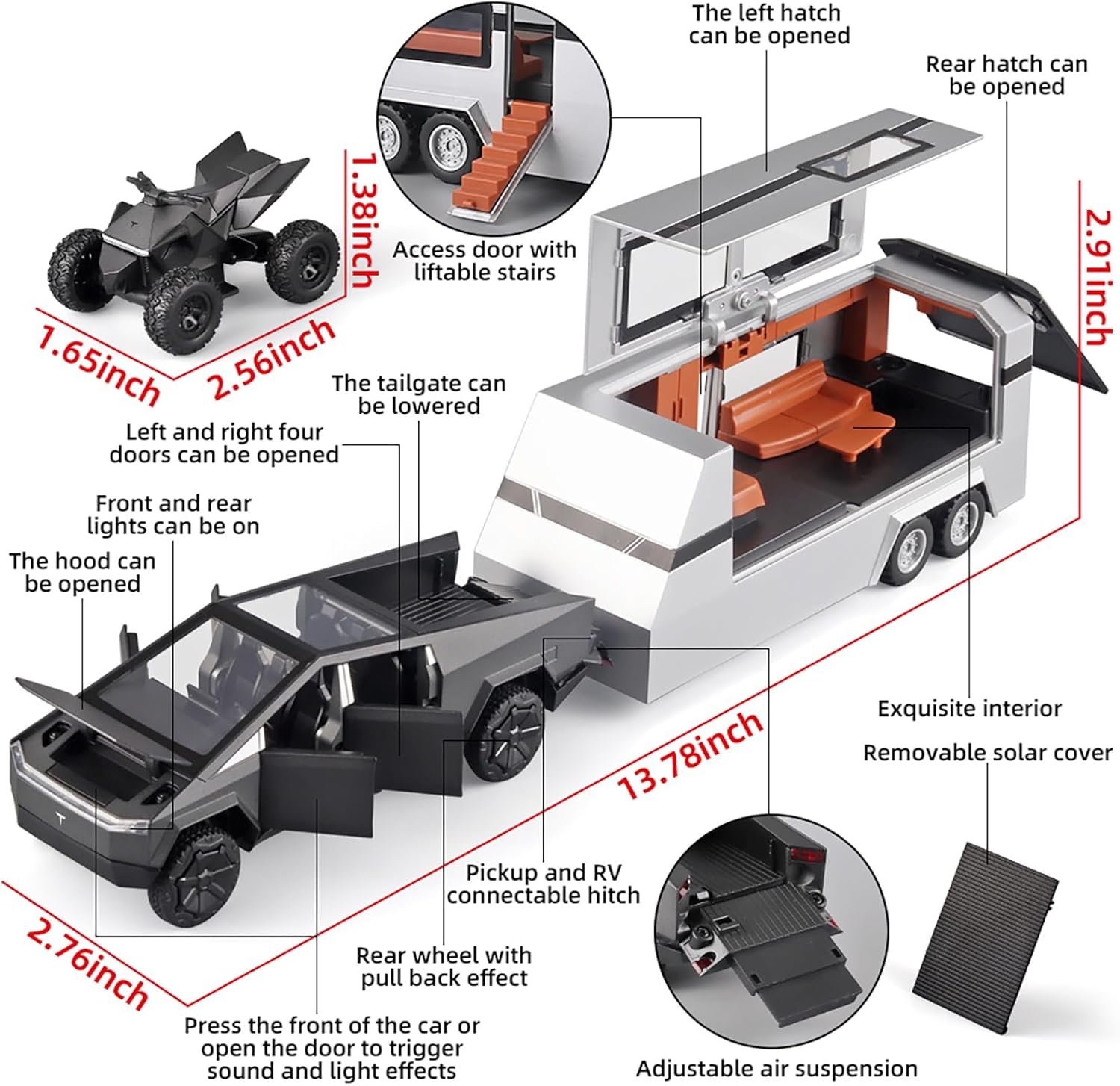 TESLA CYBER TRUCK PICK-UP TRAILER CAMPER 1:32 DIECAST METAL PULLBACK TOY CAR WITH OPENABLE DOORS & LIGHT, MUSIC BOYS CAR FOR KIDS BEST TOYS GIFTS TOYS FOR KIDS【 MULTICOLOR 】