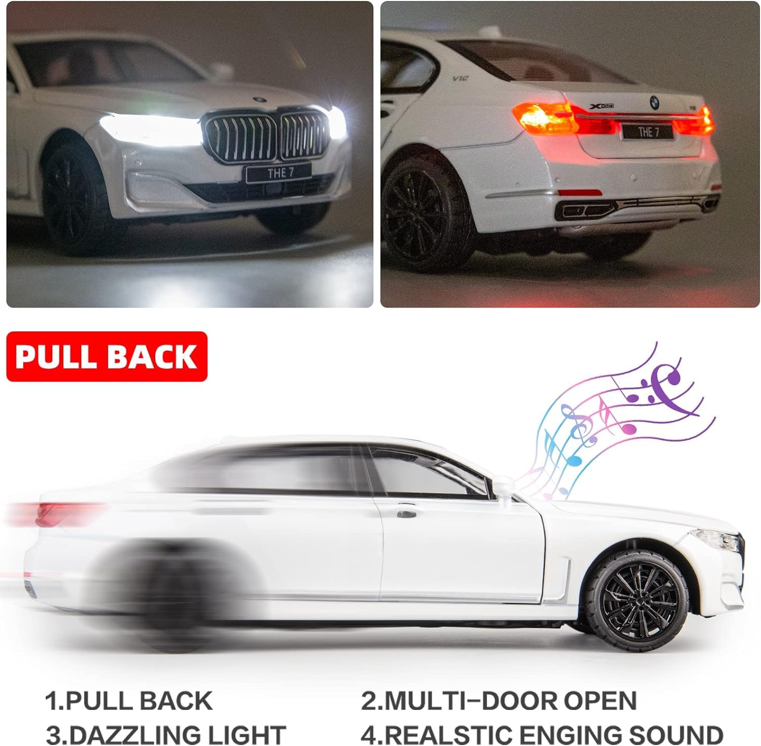 BMW 760Li 1:24 Diecast Metal Toy Car Pull Back with Openable Doors & Light, Music Toy Vehicle for Kids (Multicolour :- Black, White, Gray, Blue) [SIZE:-21 CM*9CM*8.5CM】