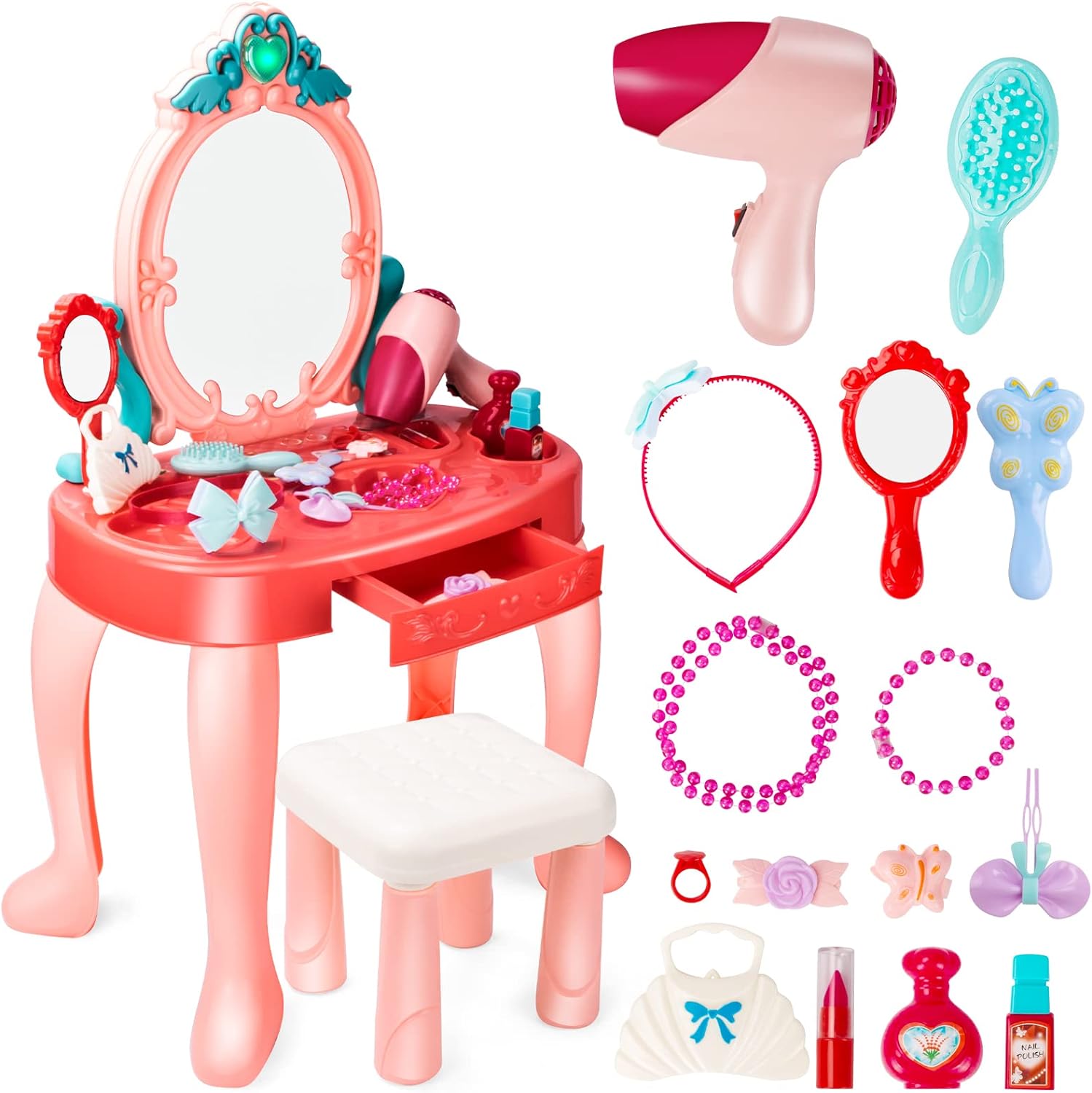 UNIH Toddler Vanity Set Kids Toy Vanity Table for Little Girls with Mirror and Stool, Princess Vanity Toys for 2 3 4 5 Year Old Girls Gift