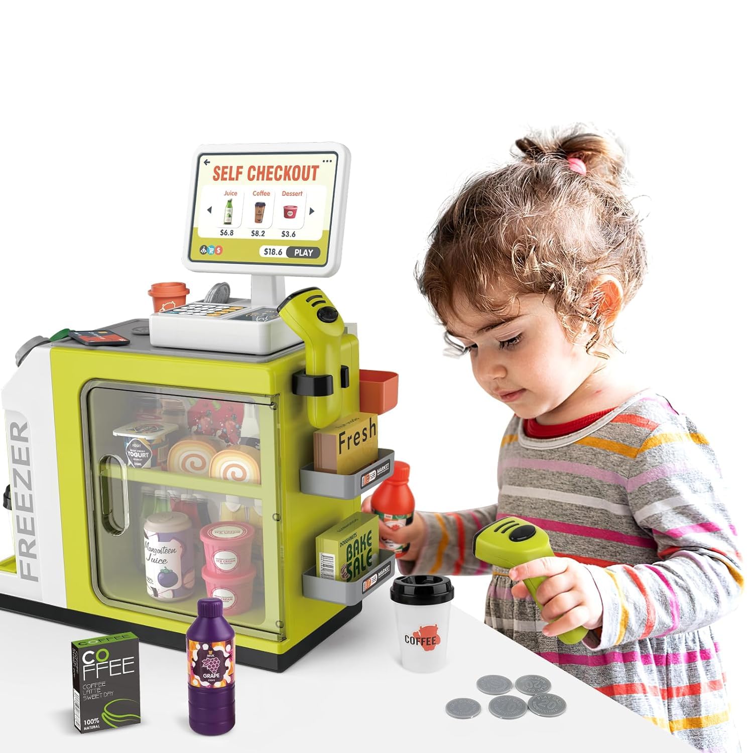 Cash Register Playset for Kids with Sound Light, Mini Supermarket Cashier, Pretend Play Store Money, Calculator, Scanner, Credit Card and Play Foods, Gift for Boys and Girls Ages 3+