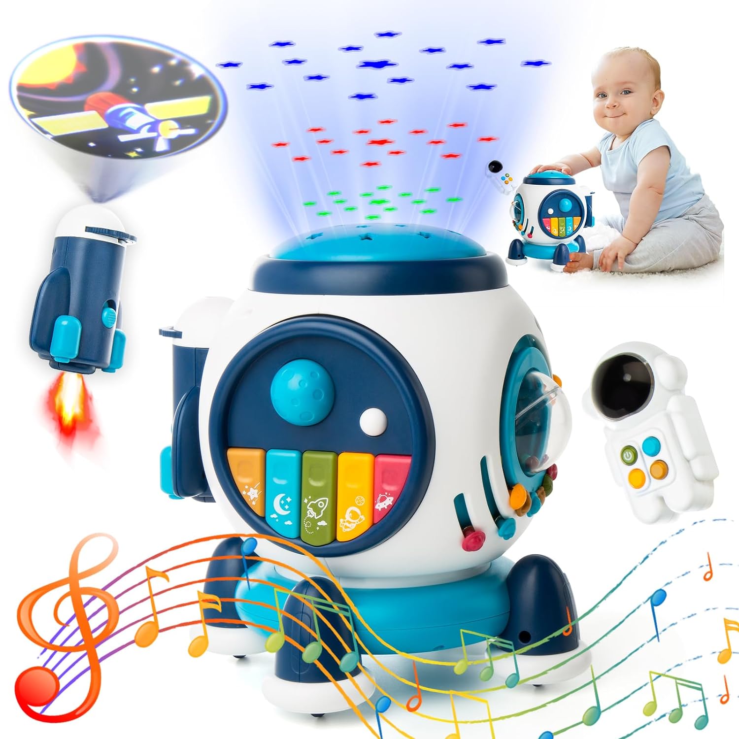 Nueplay Space Rocket Baby Musical Toy Activity Center Multifunction 6 in 1 Educational Learning Toy with Hand Drum Piano Light Projector for 1 2 3 Years Old Boy Girl Kids Gift