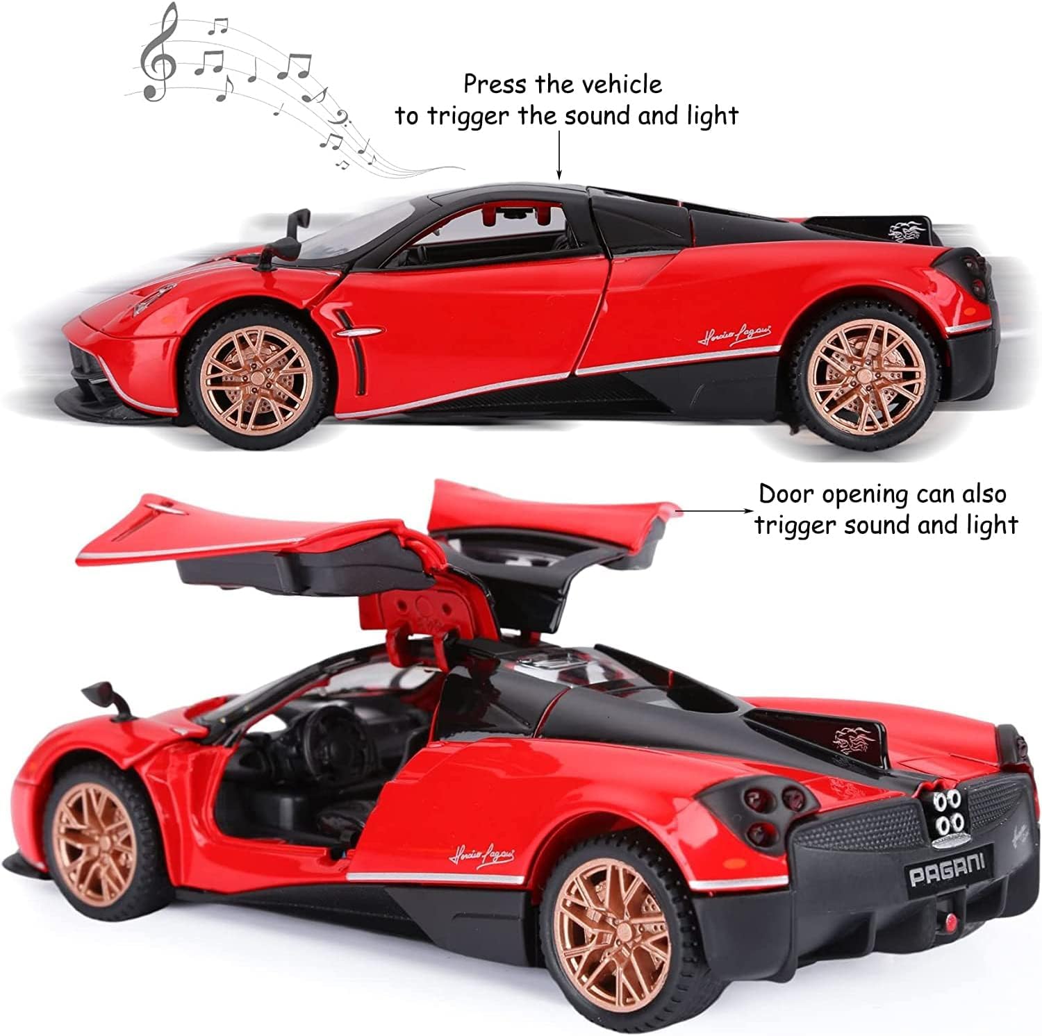 PAGANI HUAYRA 1:24 DIECAST METAL TOY CAR WITH OPENABLE DOOR AND SOUND LIGHT, GIFTS TOYS FOR KIDS【 MULTICOLOR 】[SIZE : 20.5CM* 8.8CM*5CM]