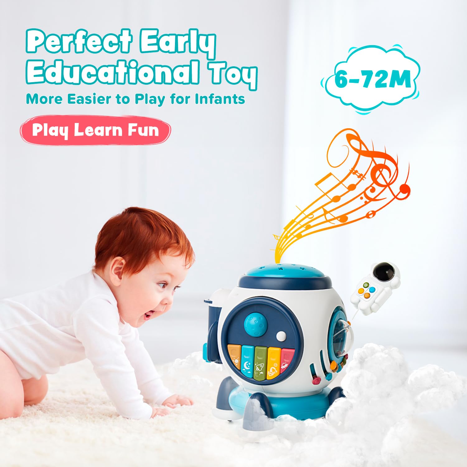 Nueplay Space Rocket Baby Musical Toy Activity Center Multifunction 6 in 1 Educational Learning Toy with Hand Drum Piano Light Projector for 1 2 3 Years Old Boy Girl Kids Gift