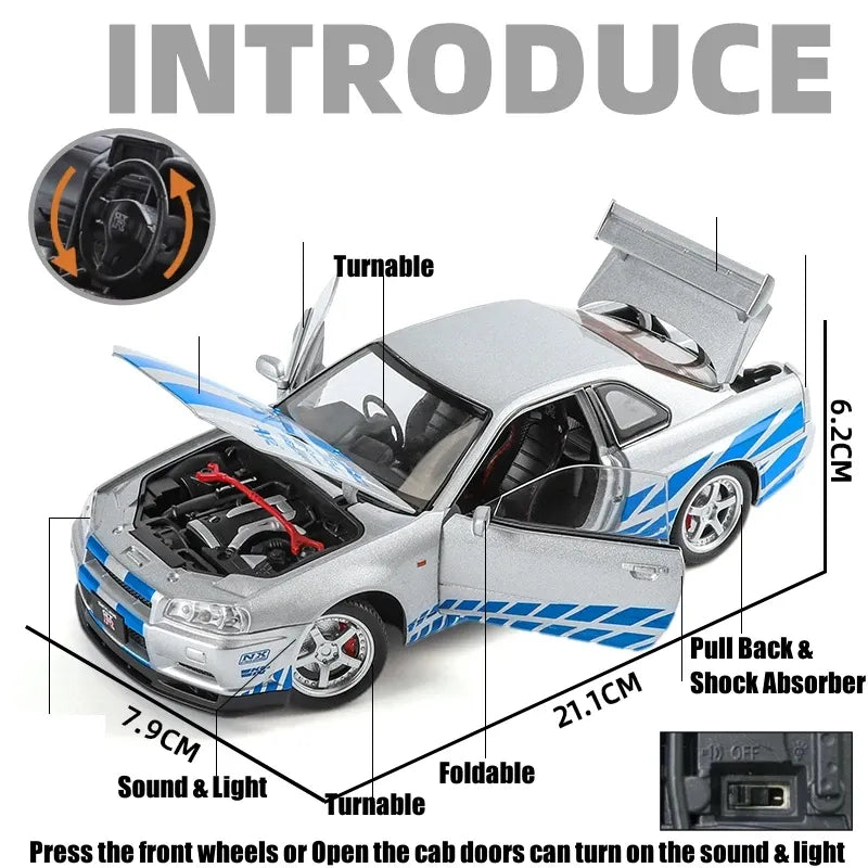 SKYLINE NISSAN GTR R34 1:24 DIECAST METAL TOY CAR (MULTICOLOUR:- WHITE, SILVER, BLUE, PURPLE )