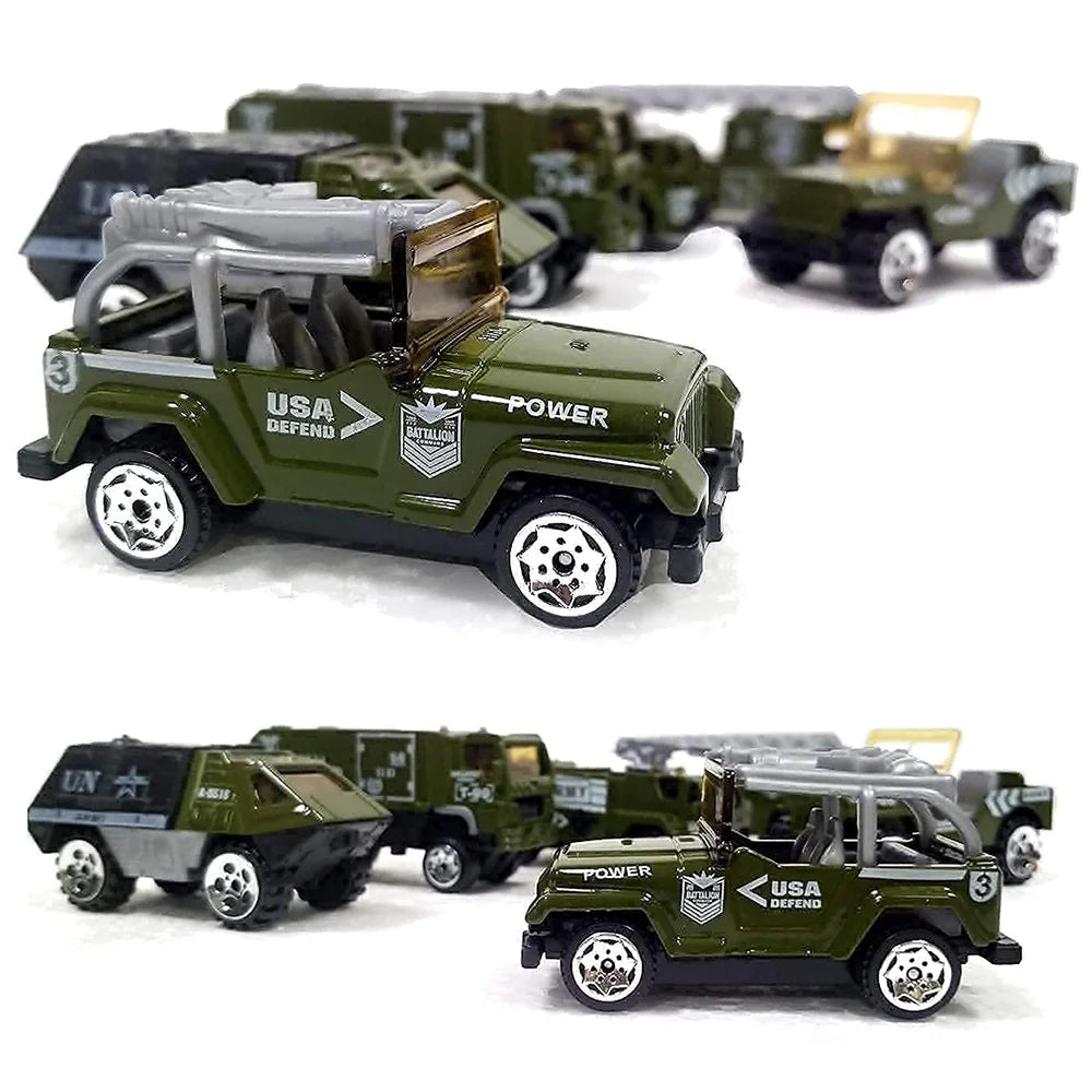 MILITARY ARMY TRUCK VEHICLE TOY SET MINI DIE-CAST ARMY BATTLE CAR, METAL MILITARY CAR - ARMY CARGO TRUCK CONTAINER, BATTALION JEEP, ARMY TANK, HELICOPTER, FIRE LADDER TRUCK - 7 PC