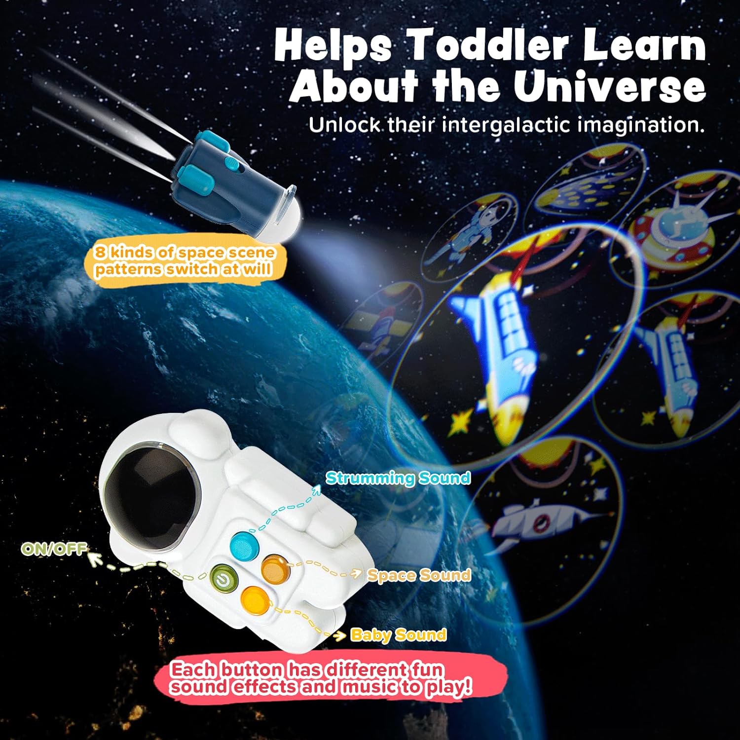 Nueplay Space Rocket Baby Musical Toy Activity Center Multifunction 6 in 1 Educational Learning Toy with Hand Drum Piano Light Projector for 1 2 3 Years Old Boy Girl Kids Gift