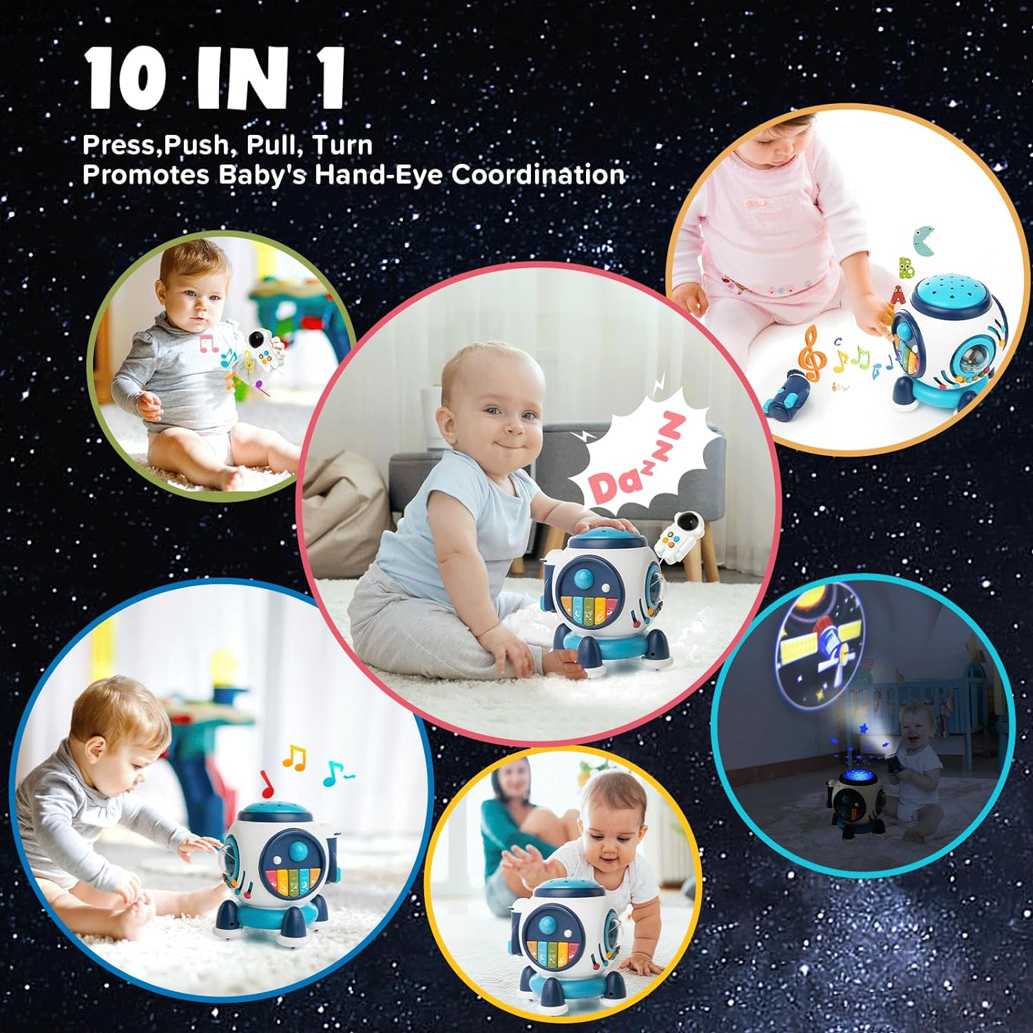 Nueplay Space Rocket Baby Musical Toy Activity Center Multifunction 6 in 1 Educational Learning Toy with Hand Drum Piano Light Projector for 1 2 3 Years Old Boy Girl Kids Gift