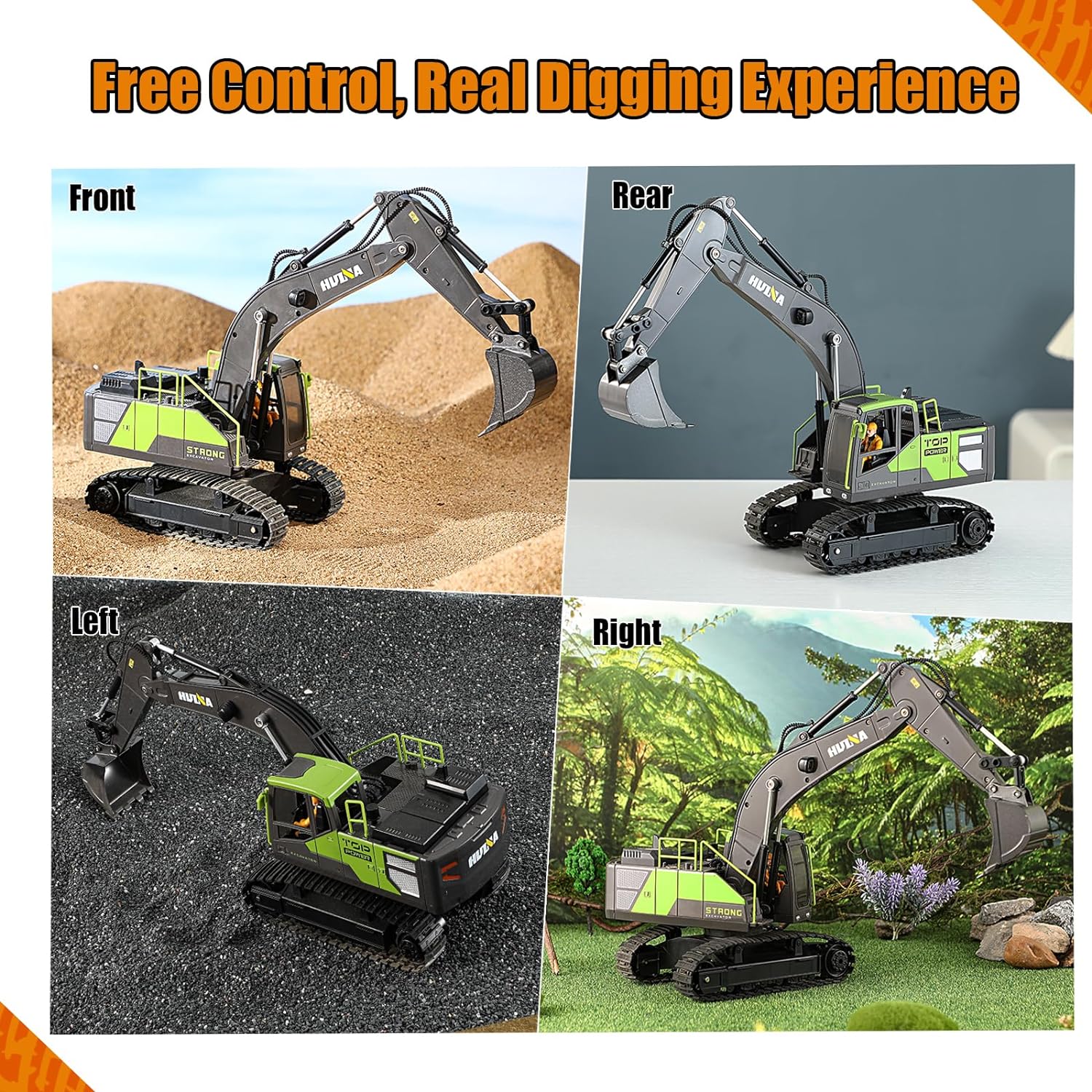 HUI NA Remote Control Excavator Toy 1:18 with 11 Channels/Lights/Sounds/Auto Demo/360° Rotation, 2.4Ghz Rc Construction Vehicles for Boys 8 Years Old Kids...