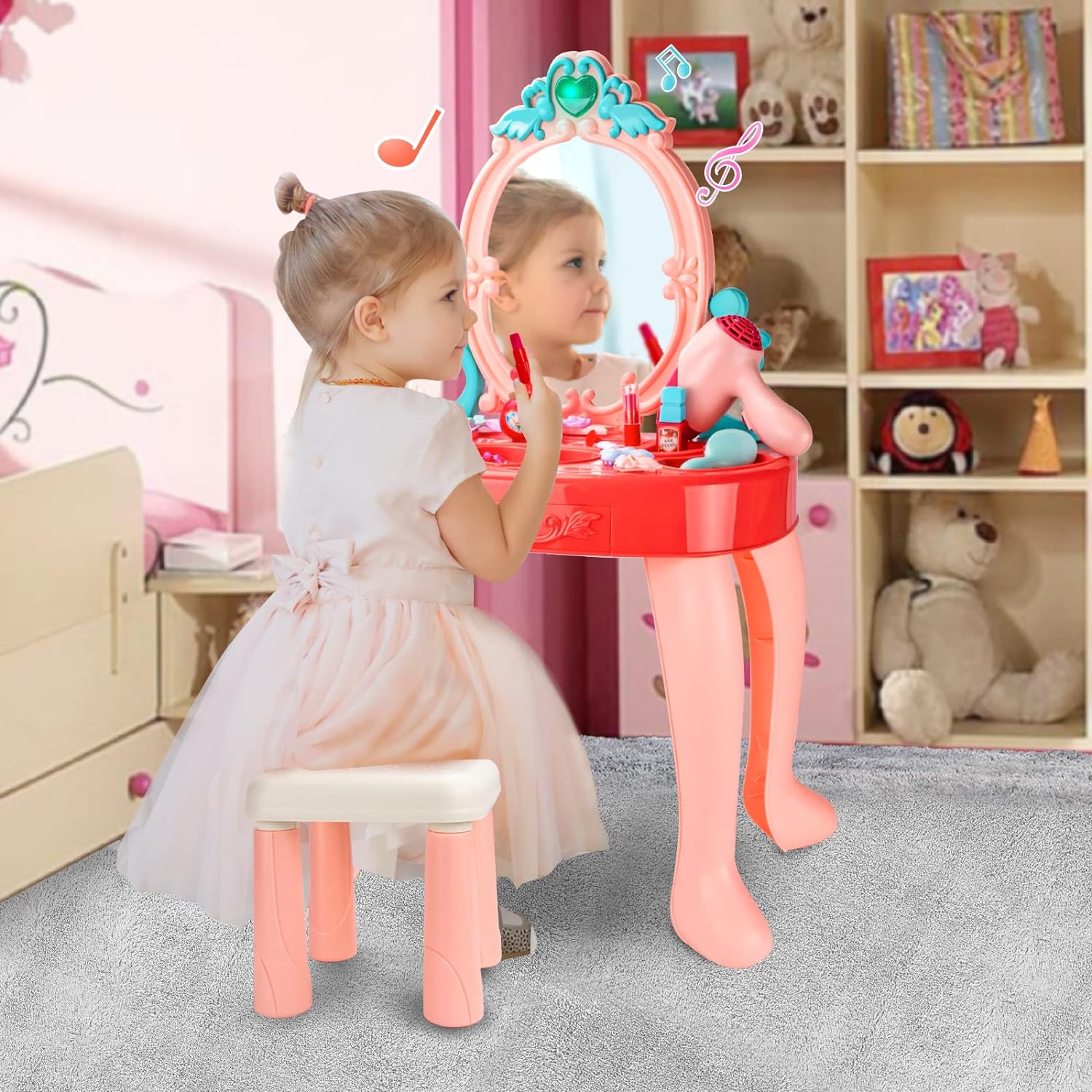 UNIH Toddler Vanity Set Kids Toy Vanity Table for Little Girls with Mirror and Stool, Princess Vanity Toys for 2 3 4 5 Year Old Girls Gift