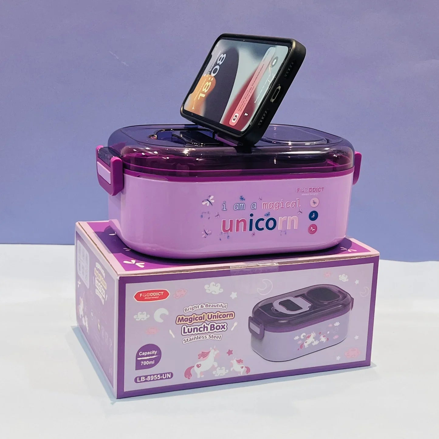 Unicorn Themed Lunch Box : 700ml Capacity with Mobile Holder