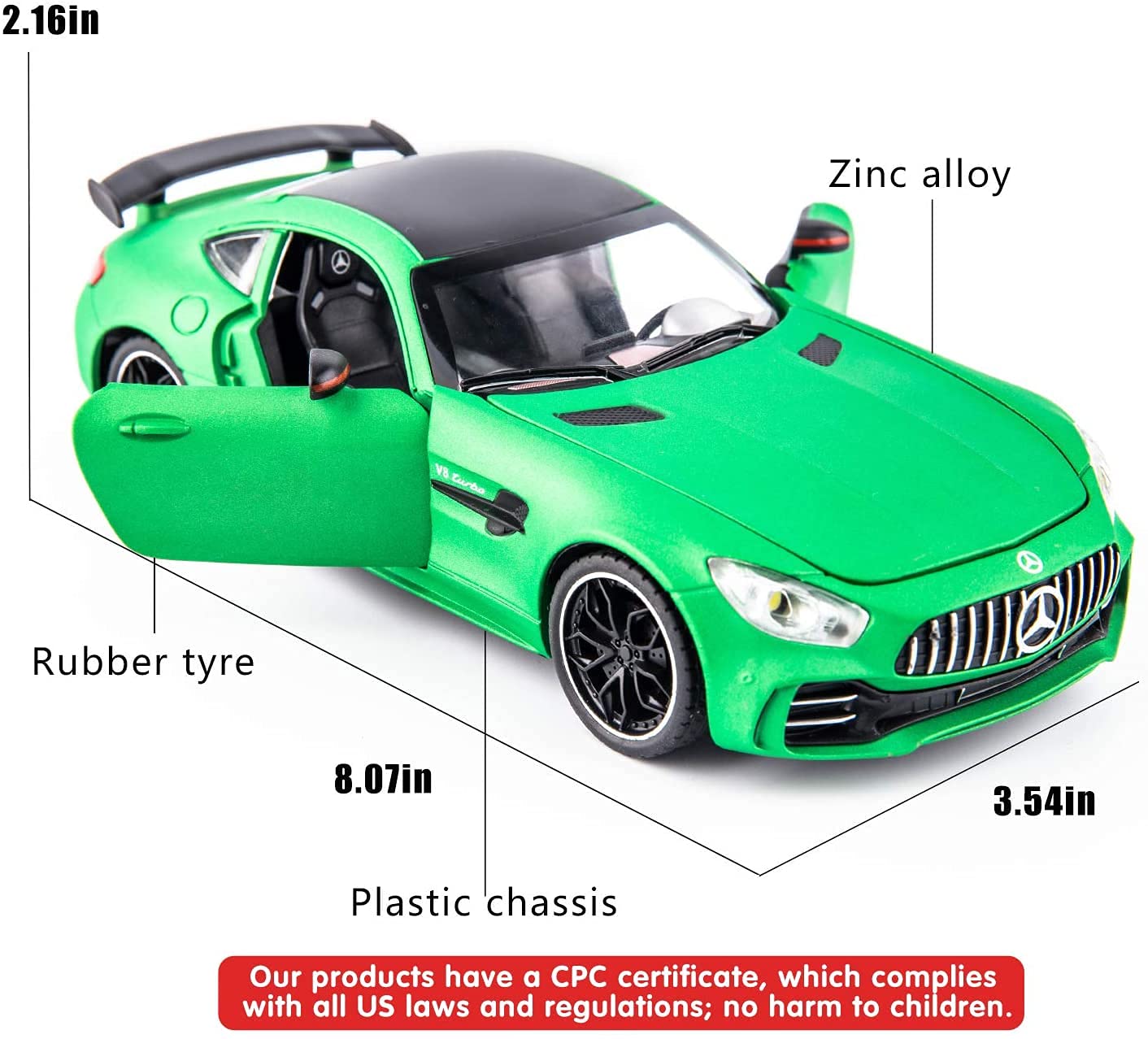 Mercedes Benz AMG GTR 1:24 Die Cast Metal Toy Car With Sound and Light for Kids Boy Girl Gift (Multi Color) [Size : 20Cm*8Cm*7Cm]