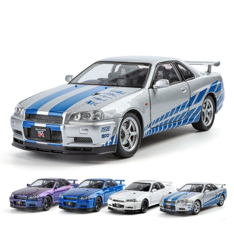 SKYLINE NISSAN GTR R34 1:24 DIECAST METAL TOY CAR (MULTICOLOUR:- WHITE, SILVER, BLUE, PURPLE )