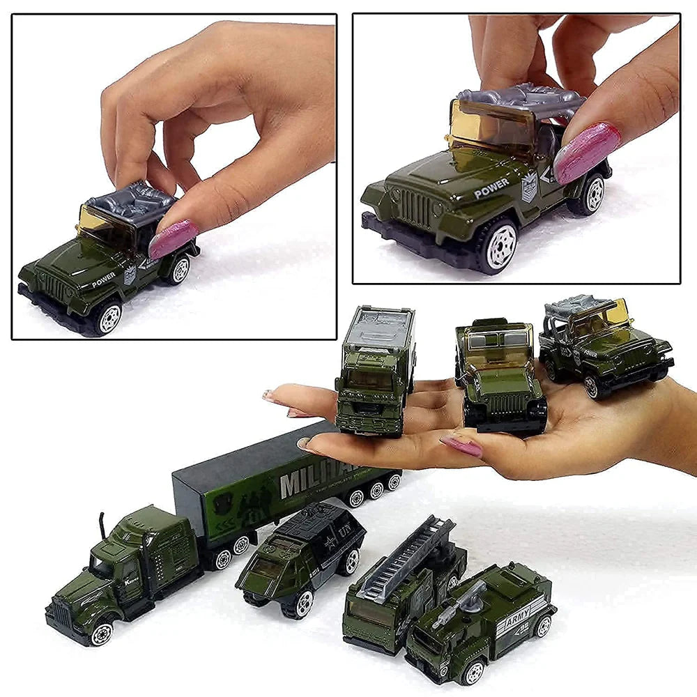 MILITARY ARMY TRUCK VEHICLE TOY SET MINI DIE-CAST ARMY BATTLE CAR, METAL MILITARY CAR - ARMY CARGO TRUCK CONTAINER, BATTALION JEEP, ARMY TANK, HELICOPTER, FIRE LADDER TRUCK - 7 PC