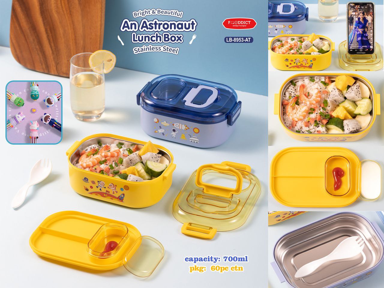 Lunch Box Astronauts Themed  700ml Capacity with Mobile Holder