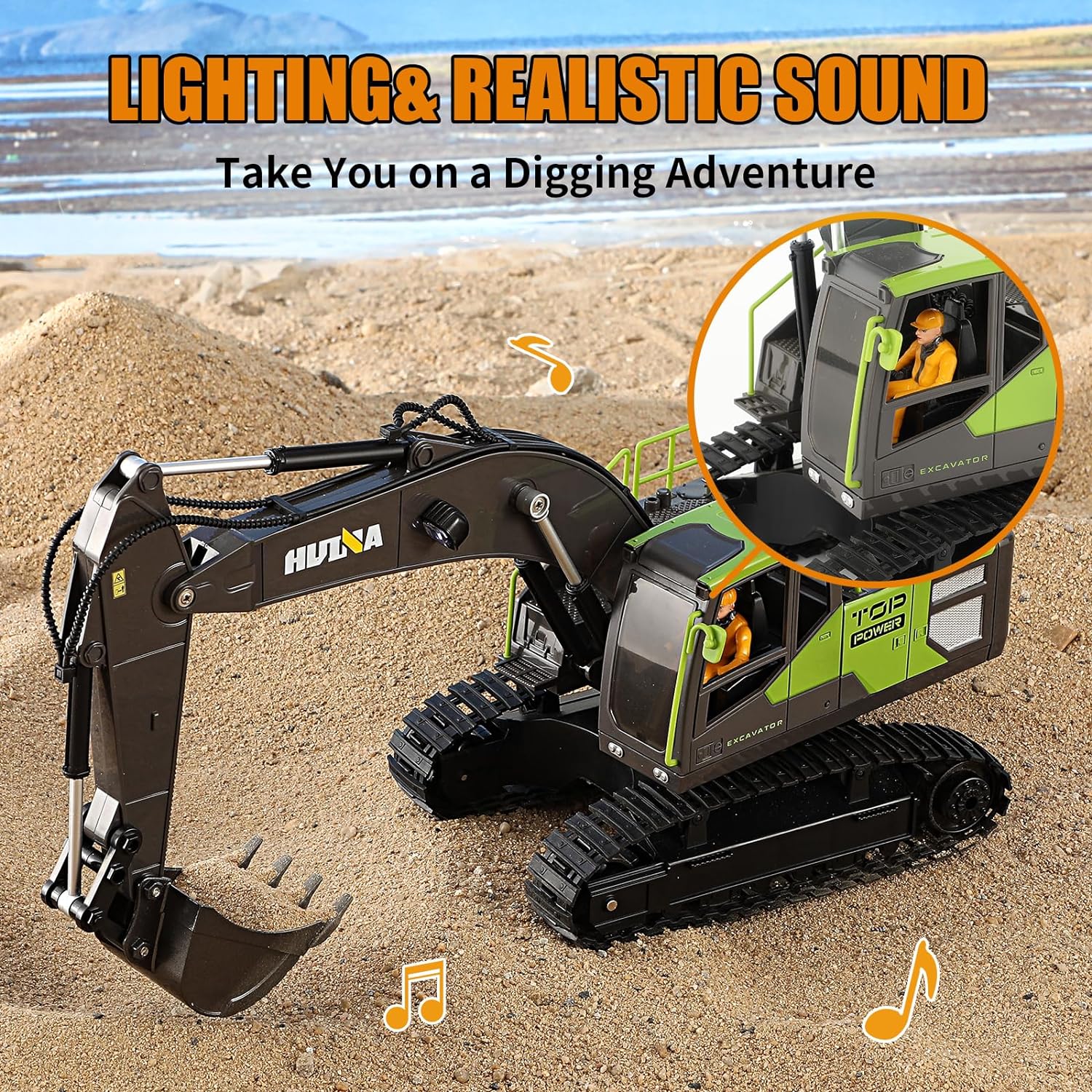 HUI NA Remote Control Excavator Toy 1:18 with 11 Channels/Lights/Sounds/Auto Demo/360° Rotation, 2.4Ghz Rc Construction Vehicles for Boys 8 Years Old Kids...