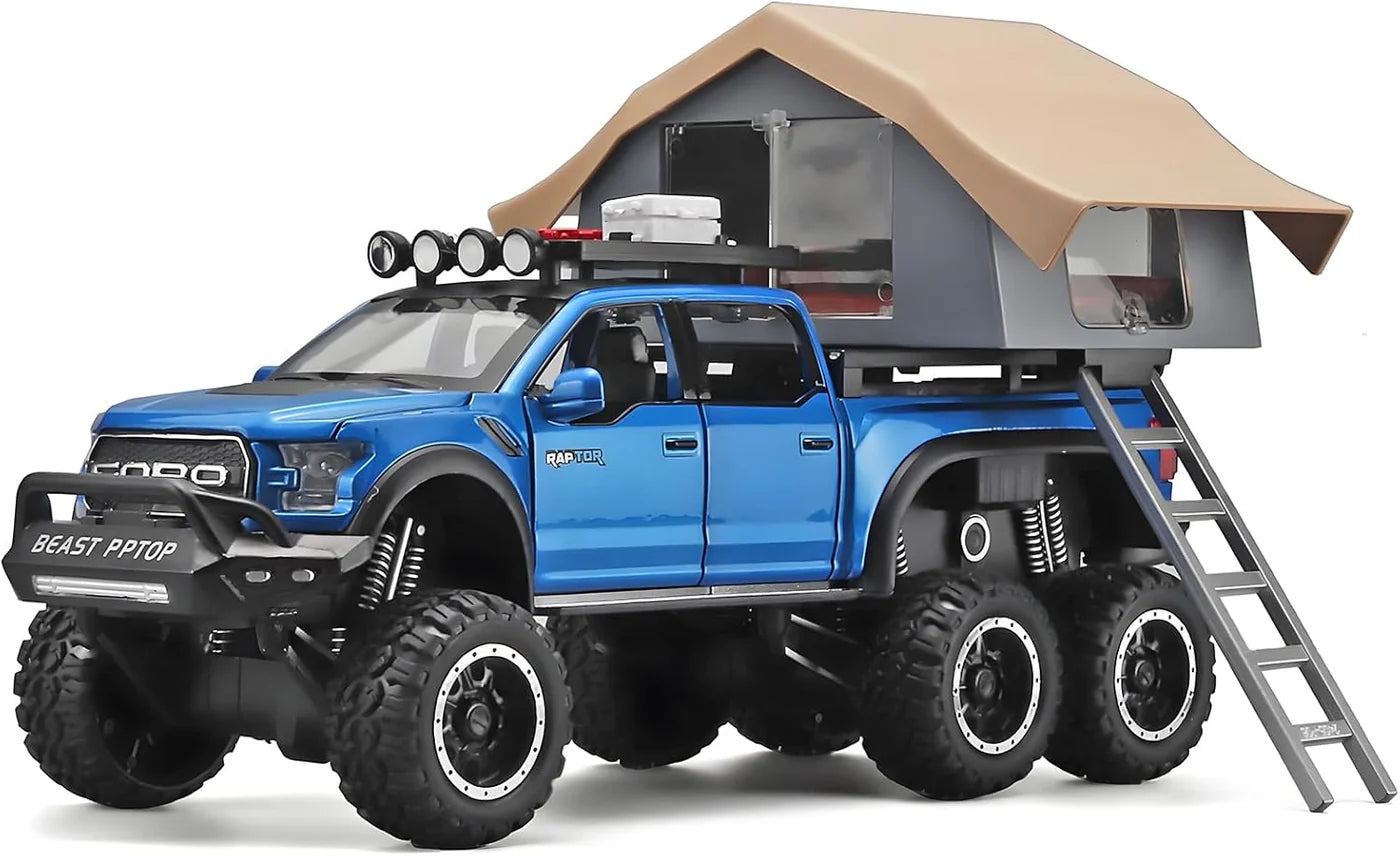 F150 PICKUP TRUCK WITH SIGHTSEEING CABIN 1:24 DIECAST METAL TOY CAR (MULTICOLOUR :- BLUE, RED WHITE)