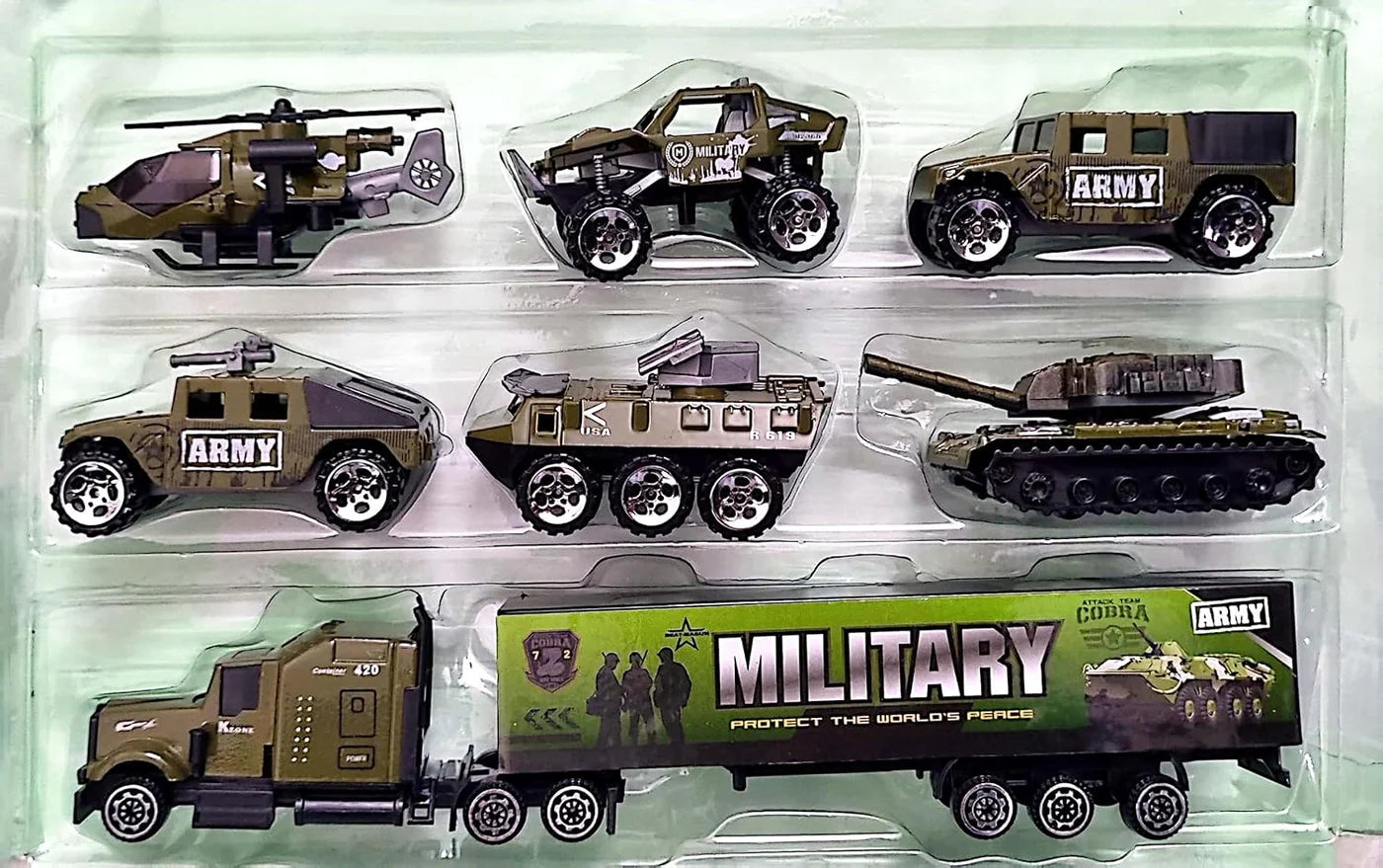 MILITARY ARMY TRUCK VEHICLE TOY SET MINI DIE-CAST ARMY BATTLE CAR, METAL MILITARY CAR - ARMY CARGO TRUCK CONTAINER, BATTALION JEEP, ARMY TANK, HELICOPTER, FIRE LADDER TRUCK - 7 PC