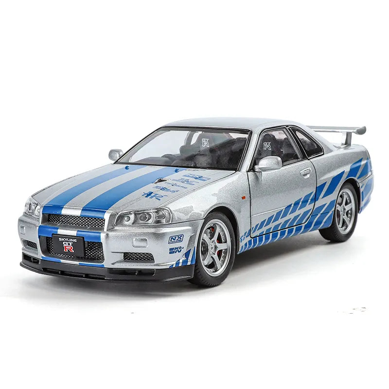 SKYLINE NISSAN GTR R34 1:24 DIECAST METAL TOY CAR (MULTICOLOUR:- WHITE, SILVER, BLUE, PURPLE )