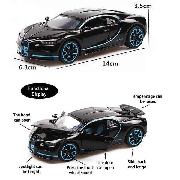 Bugatti Chiron 1:32 DieCast Alloy Metal Luxury Toy Car ( Multicolour :- Black, Blue, Red)