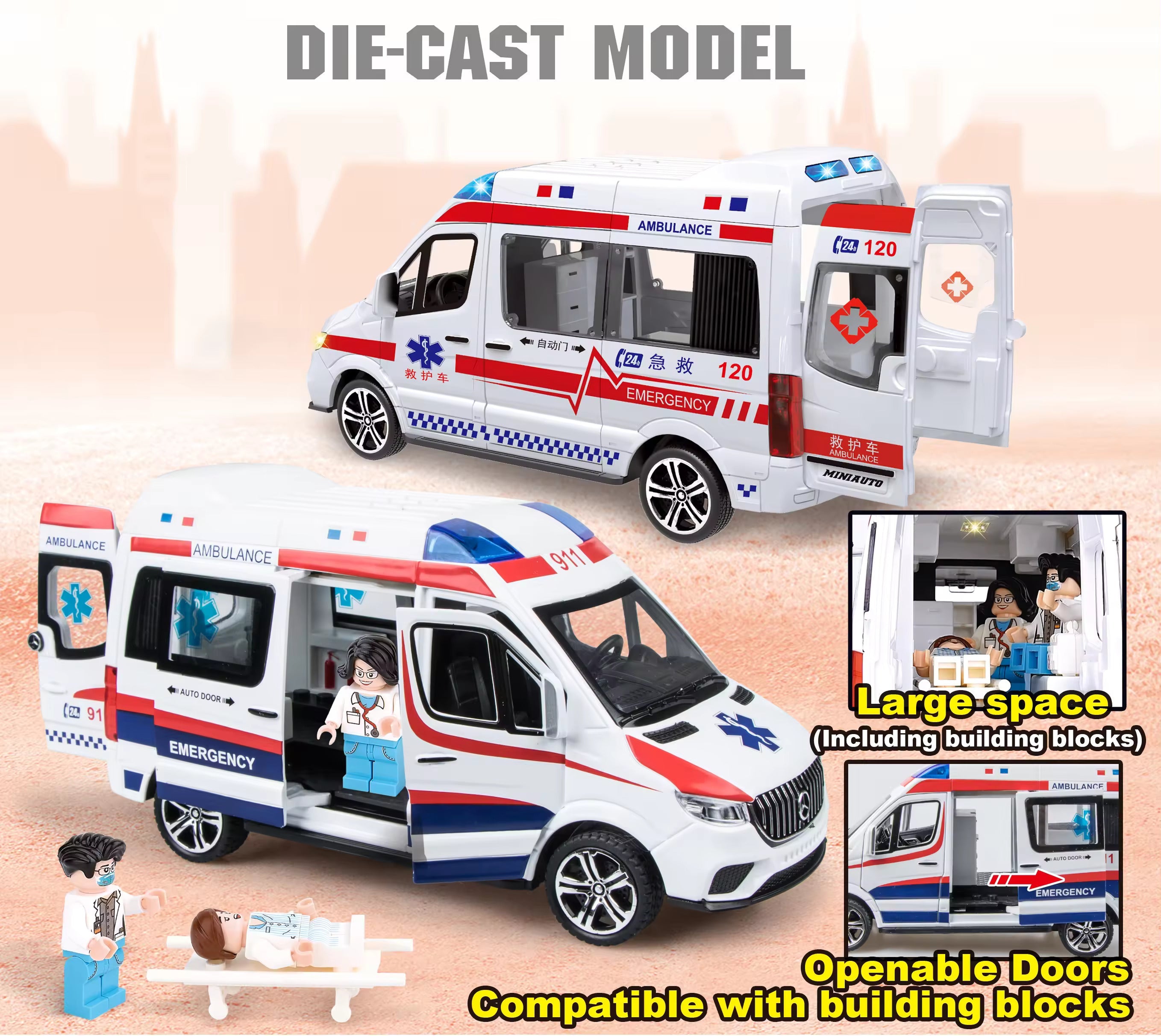 Mercedes Benz  Ambulance Van 1:24 Diecast Metal Toy Car for Kids Friction Powered Vehicle with Lights & Sound Kids Emergency Van City Service Push n Go Vehicles (Ambulance)