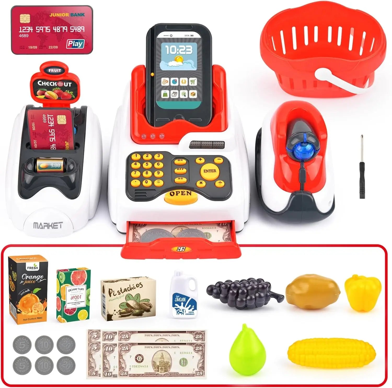 Famous Quality Toy Cash Register for Kids with Checkout Scanner, and Food Shopping Play Money and Food Shopping Play Set (Pack of 1 Set)