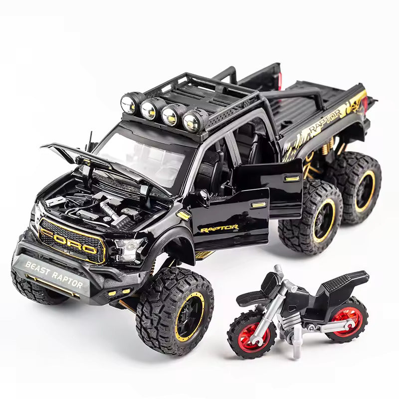 Ford Raptor F150 with Bike 1:24 Diecast Metal Toy Car Openable Doors,Music,Lights & Pull Back Action (Multicolor)[Size:-22CM *9CM*9.5CM]