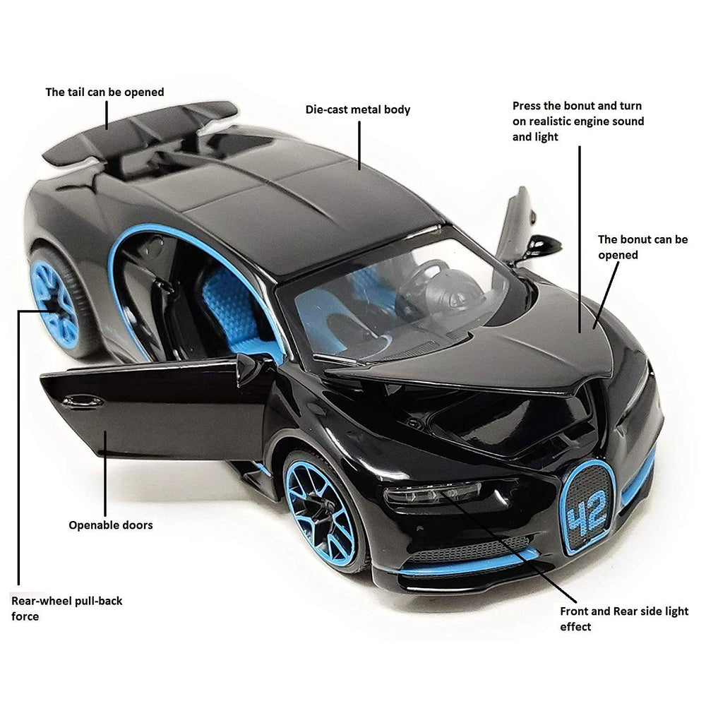 Bugatti Chiron 1:32 DieCast Alloy Metal Luxury Toy Car ( Multicolour :- Black, Blue, Red)