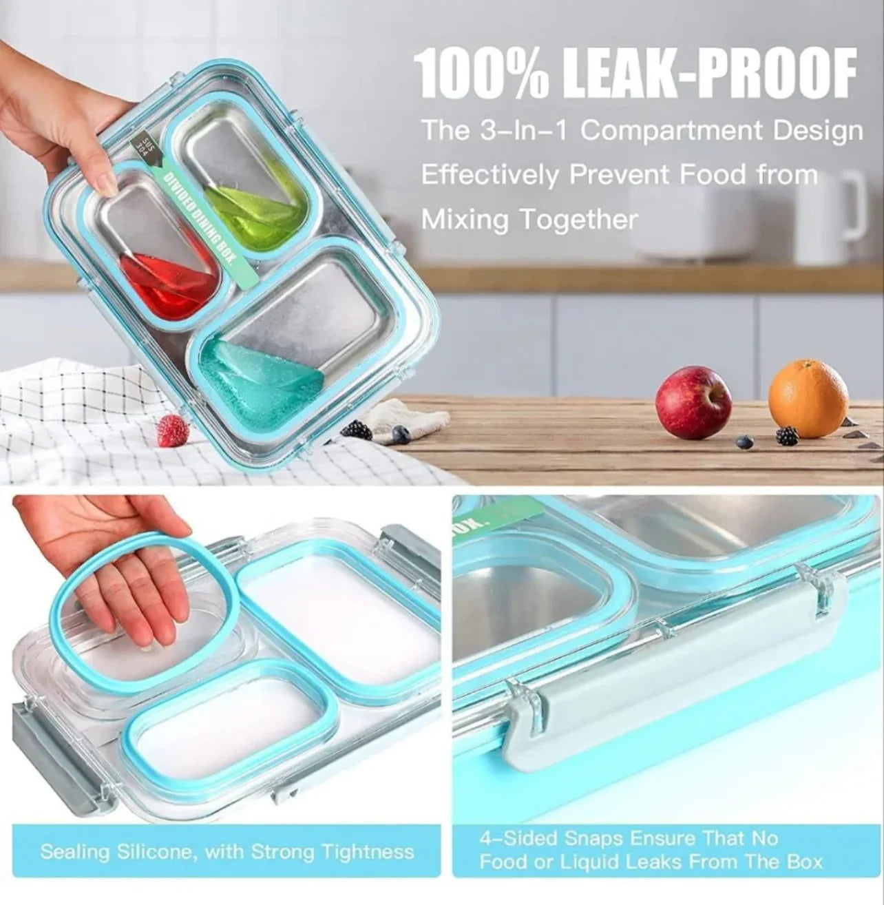 Big Bento Buddy - 100% Spill Proof Stainless Steel Tiffin Lunch Box with 3 Removable Compartment for School Office Bpa-Free & Dishwasher Safe