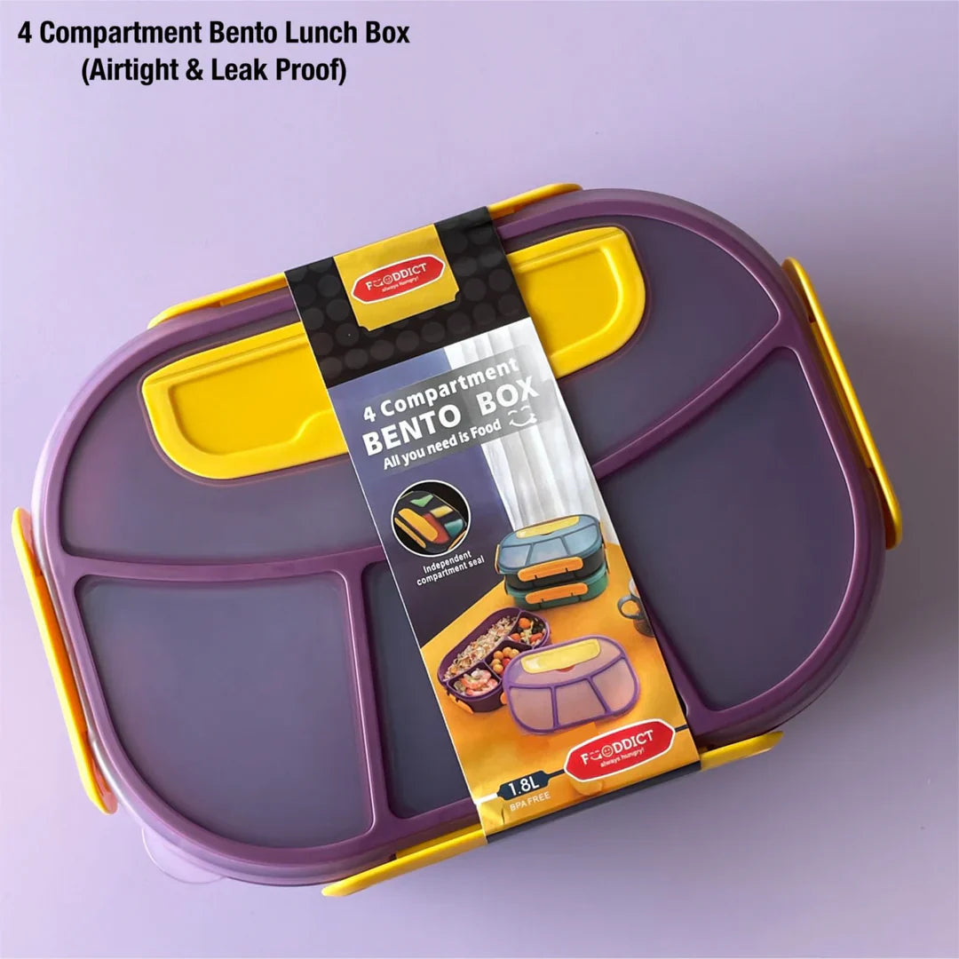 Bento Box for Kids and Adults, 4 Compartments 1800 ML Sealed and Leak-Proof Lunch Box, Keep Foods Separated Food Storage Container, Food-Safe